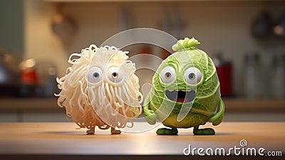 Cabbage Friends: Fungilike Cartoons In The Kitchen Stock Photo