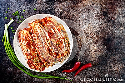 Cabbage kimchi. Korean traditional cuisine. Fermented food. Copy space. Stock Photo