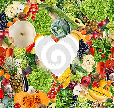 Cabbage, pineapple and tomatoes, squash, grapes and avocado with white heart, top view Stock Photo