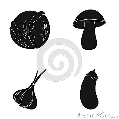 Cabbage white, mushroom forest, garlic useful, eggplant. Vegetables set collection icons in black style vector symbol Vector Illustration