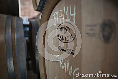 Cabernet Franc aging in new oak wine barrels Editorial Stock Photo