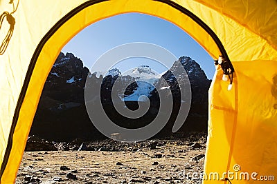 Cabeza del Condor mountains seen from basecamp from inside tent Stock Photo