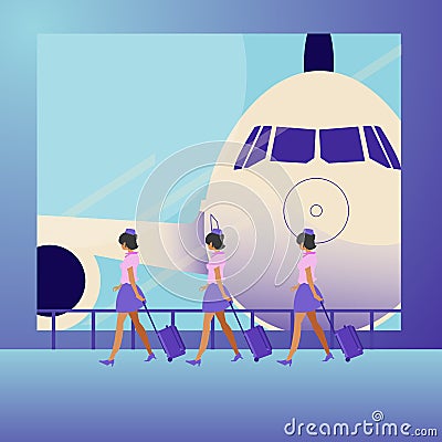 Cabin crew walk across the way in airport termincal - Cartoon Illustration