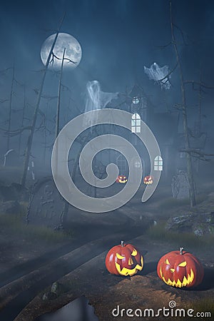 Cabin in a Halloween forest with pumpkin lanterns at night Stock Photo