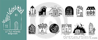 Cabin home, hand drawn logo. Barn farm design, mountain village interior, tiny forest tree, woodland garden decor. Real Vector Illustration