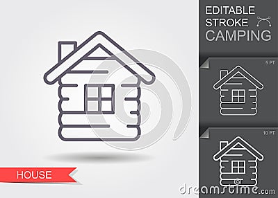 Cabin icon. Outline house icon with editable stroke. Linear symbol of camping with shadow. Vector Illustration