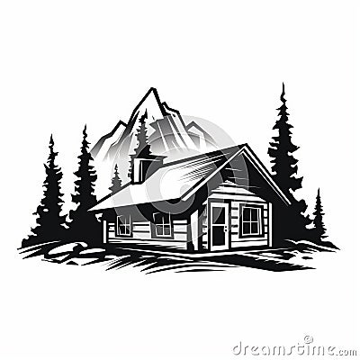 Mountain Log Cabin Silhouette: Bold Graphic Illustration In Black And White Cartoon Illustration