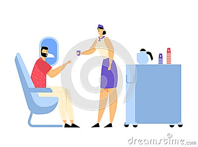 Cabin of Plane with Stewardess and Passenger, Mealtime in Economy Class. Woman Air Hostess with Food Cart in Salon Vector Illustration