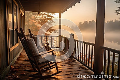 cabin porch with rocking chairs overlooking a misty lake Stock Photo