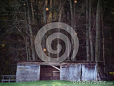 A cabin or stable in the woods Stock Photo