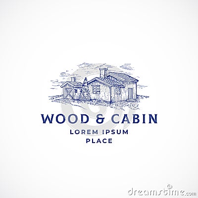 Cabin in the Woods Abstract Vector Sign, Symbol or Logo Template. Elegant Wooden Buildings Landscape Drawing Sketch with Vector Illustration