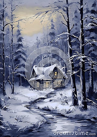 A Cabin in the Woods: An Extremely Cold and Bright Home Stock Photo