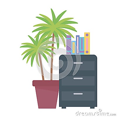 Cabinet books and potted plant office isolated design white background Vector Illustration