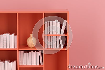 Cabinet with books and vases inside in the empty new house, 3d rendering Cartoon Illustration