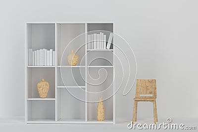 Cabinet with books and vases inside in the empty new house, 3d rendering Cartoon Illustration