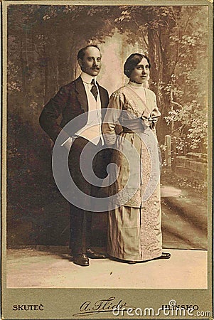 Cabinet card shows the engaged couple. Photo was taken in Austro-Hungarian Empire or also Austro-Hungarian Monarchy Editorial Stock Photo