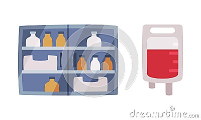 Cabinet with Drugs and Blood Bag as Medical Equipment and Assistance Device Vector Set Vector Illustration