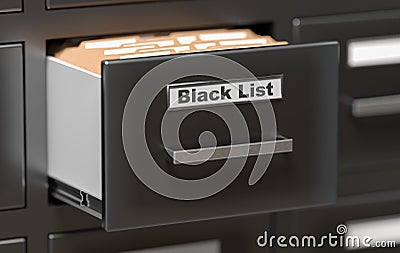 Cabinet in office with Black List folders. 3D rendered illustration Cartoon Illustration