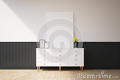 Cabinet with pictures on it, white wall Stock Photo