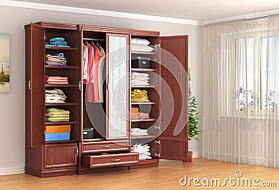 Cabinet. Wooden closet in the room near the window Cartoon Illustration