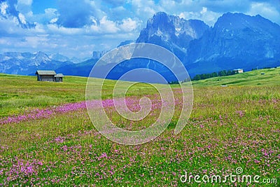 Cabins in a Meadow in the Italian Alps Stock Photo