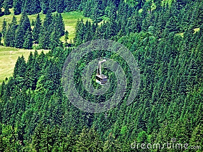 Cable car BrÃ¼lisau-Hoher Kasten or Luftseilbahn BrÃ¼lisau-Hoher Kasten Bergbahn Stock Photo