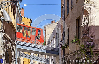 The cable car connects the old town with the hill Fourviere Stock Photo