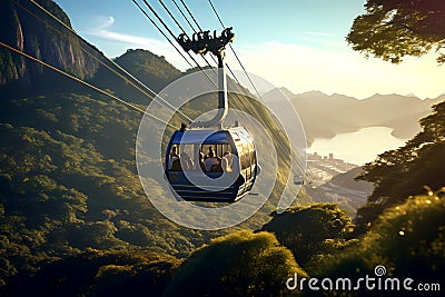 cable car high in green forested mountains Stock Photo