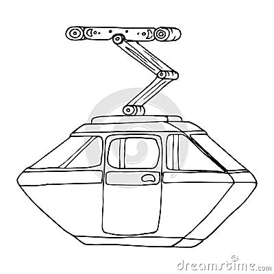 Cable car lift in the mountains. Hand drawn cabin cableway Cartoon Illustration