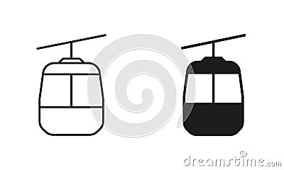 Cable Car Line and Silhouette Black Icon Set. Cablecar Pictogram. Gondola, Funicular, Lift, Ropeway for Tourism Outline Vector Illustration