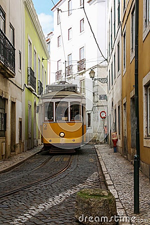 Cable car in a narrow street in Lisbon Stock Photo