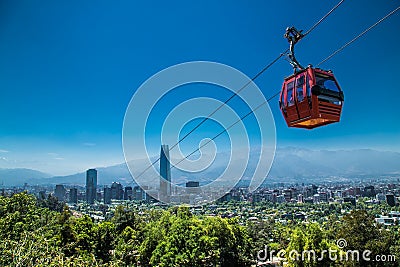 Cable car in San Cristobal hill overlooking on Santiago, Chile Editorial Stock Photo