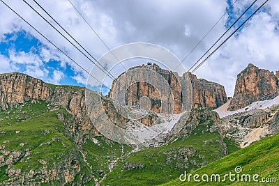Cable car to the top of the mountain peak Piz Boe, Sella, Italy Stock Photo