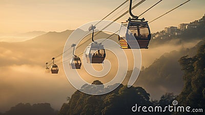 Cable Cars Gliding Over Misty Mountains at Sunrise. Generative ai Cartoon Illustration