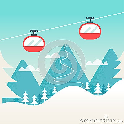 Cable Cars and Snowy Mountain Landscape. Vector Illustration