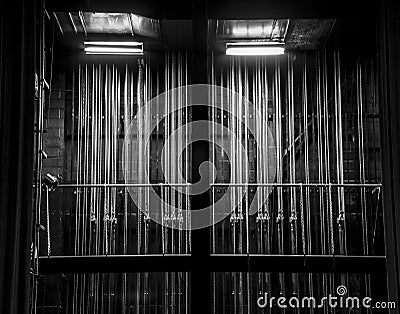 Cable and chain rigging backstage in a theater. Stock Photo