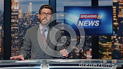 Cable channel anchor saying goodbye studio closeup. Man ending evening newscast Stock Photo