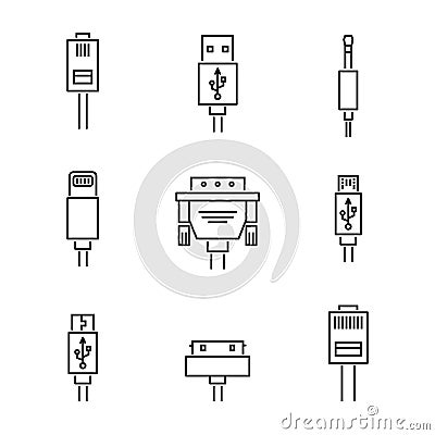 Cable conectors and plugs icons set, vector illustration Vector Illustration