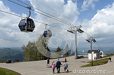 Cable lift at the resort `Manzherok` in the Altai Mountains Editorial Stock Photo