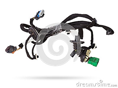 A cable of matted wires of different colors with connectors in the electrical wiring of the car. Internet line in the work of the Stock Photo