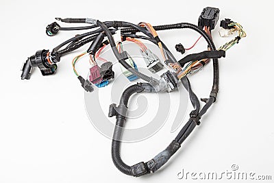 A cable of matted wires of different colors with connectors in the electrical wiring of the car. Internet line in the work of the Stock Photo