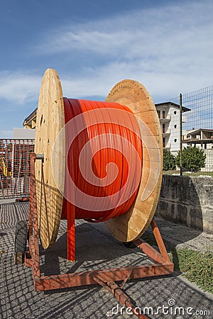 Cable reels and road construction Stock Photo