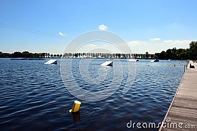 Parts of the water ski slope or teleski in the Zegerplas Stock Photo