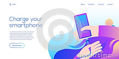 Cable smartphone charger in flat design illustration. Abstract vector background for mobile cord charging device. Web site landing Vector Illustration
