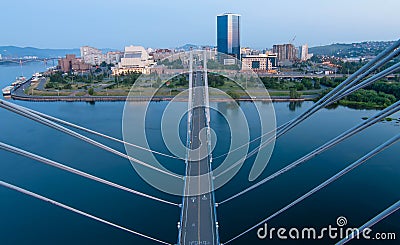 With the cable-stayed bridge in Krasnoyarsk Stock Photo