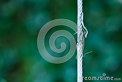 Cable about to break. Damaged steel cable. Stock Photo