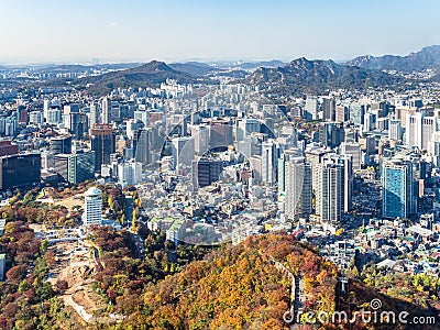 Cable way and wall at Namsan mountain and Seoul Editorial Stock Photo