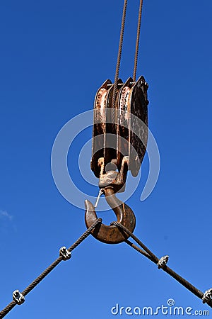 Cables attached to a pulley for heavy lifting Stock Photo