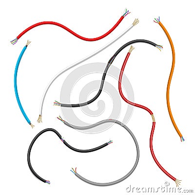 Cables multicolor ripped realistic set. Electrical conductors. Insulated building wire lengths Cartoon Illustration