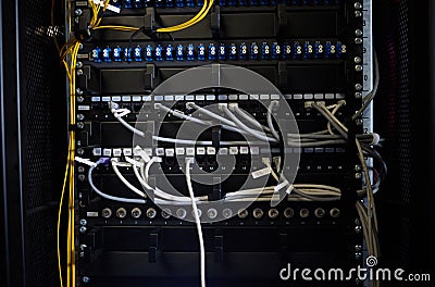 Cables, wires or server room maintenance in engineering, software programming or cybersecurity IT. Zoom, repair or data Stock Photo